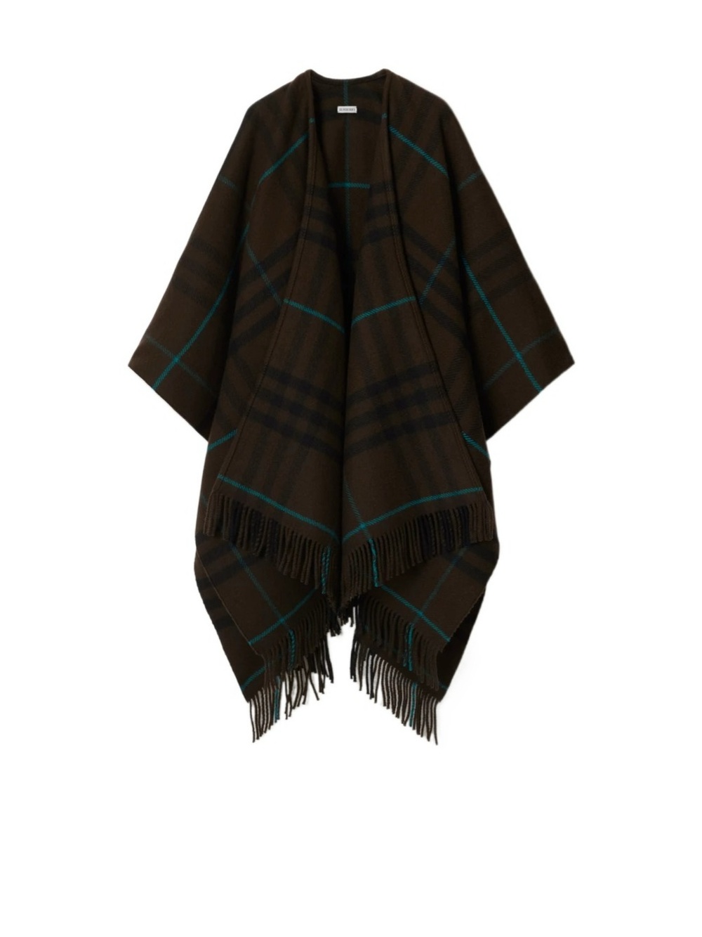 Burberry Fringed Plaid Wrap Poncho in Dark Brown with Teal Windowpane